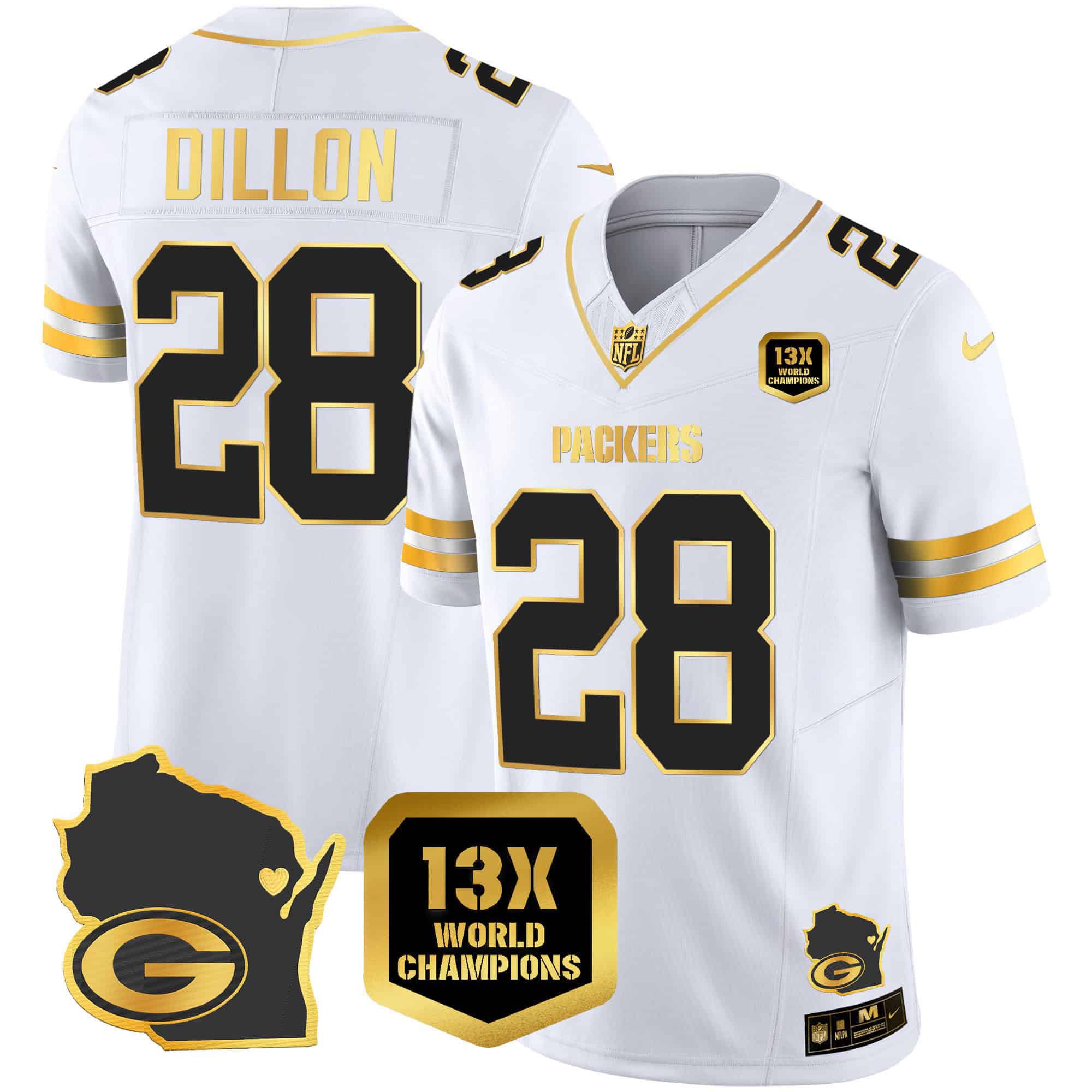 Men Green Bay Packers #28 Dillon White Gold 2024 Nike World Champions Home Patch Vapor NFL Jersey